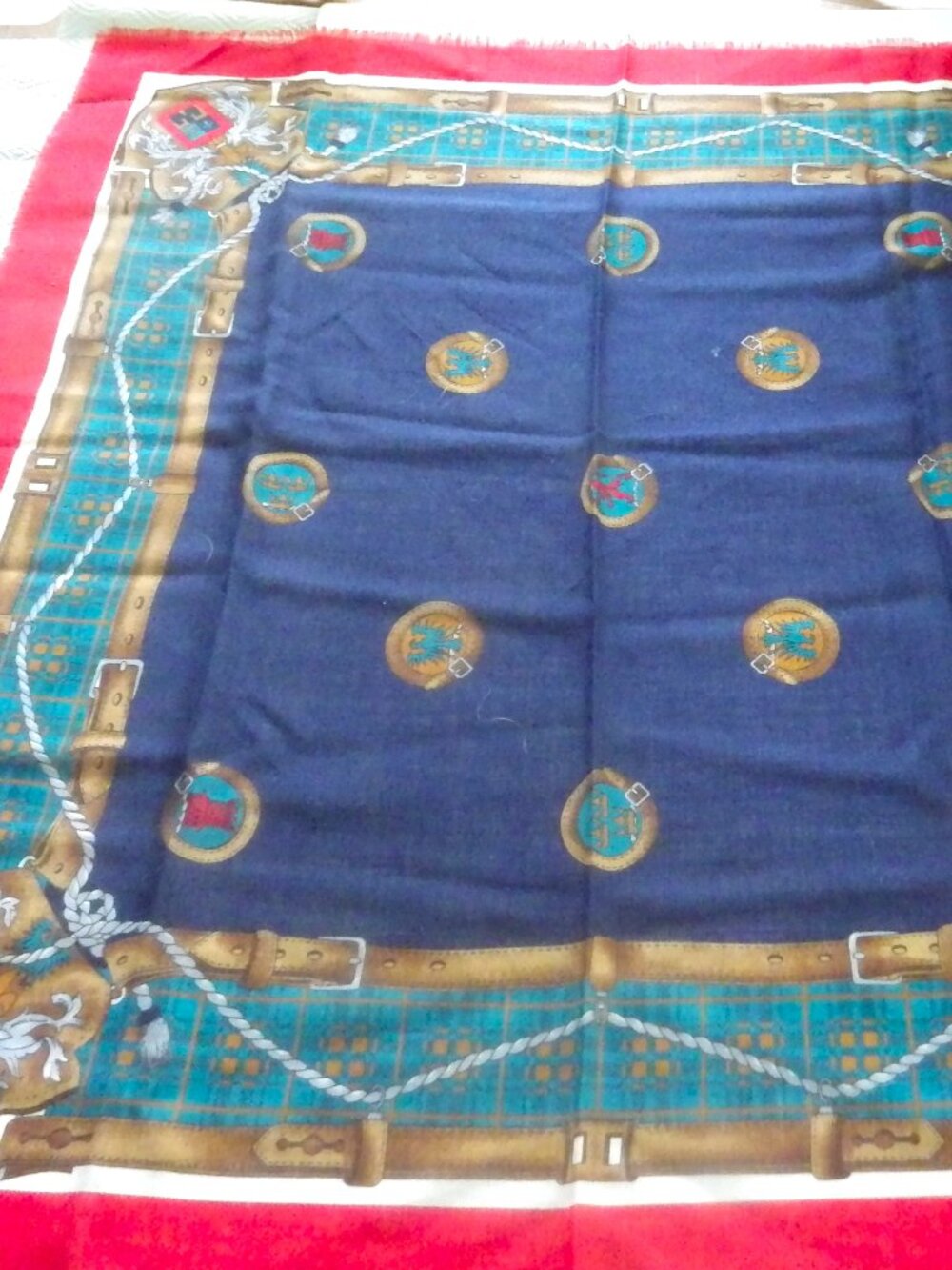 Vintage Lawn Cotton Scarf/ Heraldry/ Red/ Navy/ Green